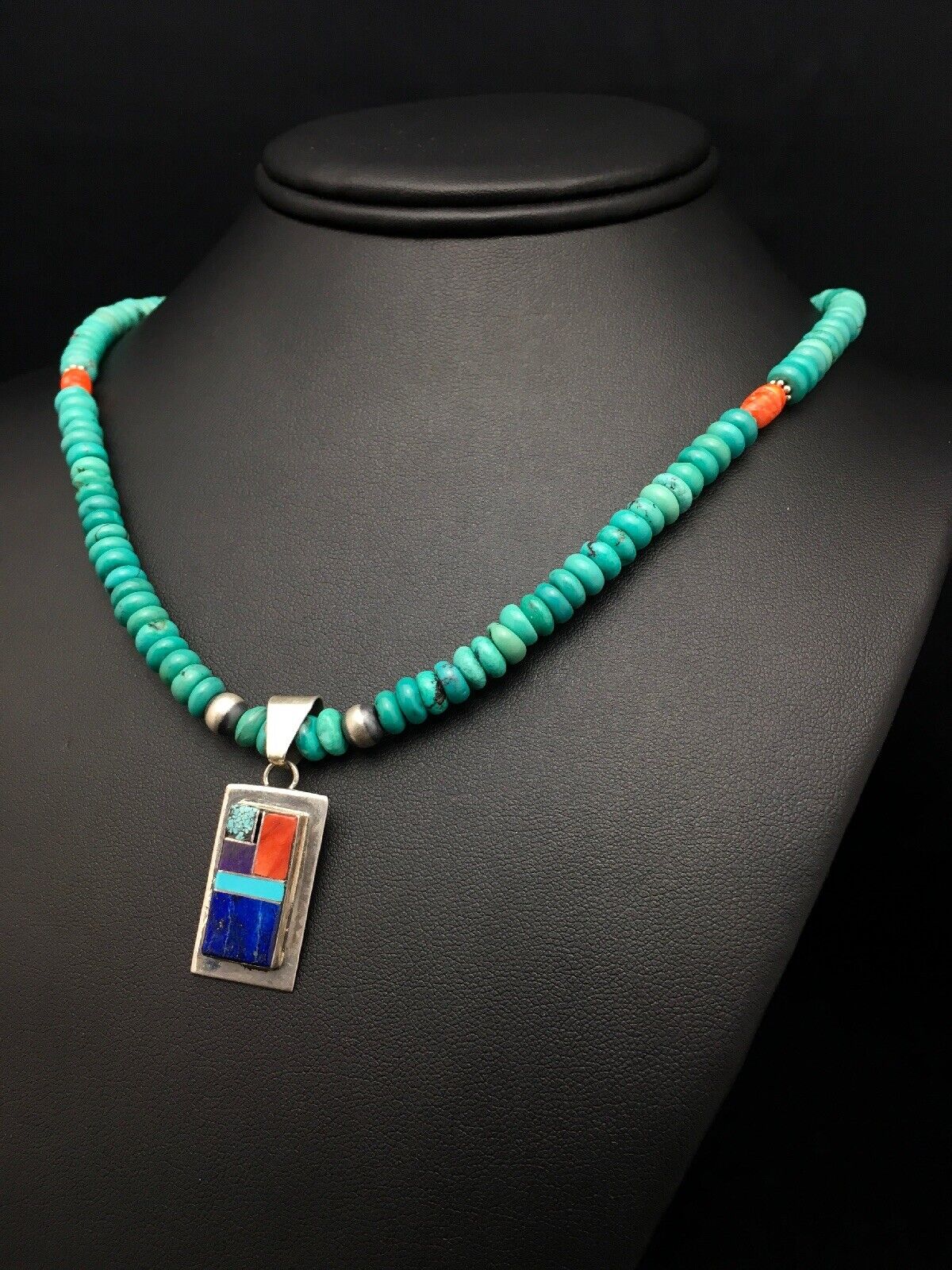 Navajo Turquoise & Lapis Inlay Pendant Necklace | Sterling Silver | 19" | Authentic Native American Handmade | 4077