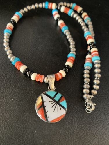 Zuni Multi-Color Turquoise Onyx Necklace | Sterling Silver Inlay Pendant | Authentic Native American Handmade | 13800