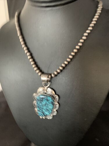 Navajo Spiderweb Turquoise Pendant Necklace | Sterling Silver | 2.25" | Authentic Native American Handmade | 13978