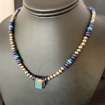 Navajo Men's Blue Lapis Turquoise Opal Inlay Pendant Necklace | Sterling Silver | 22" | 13358
