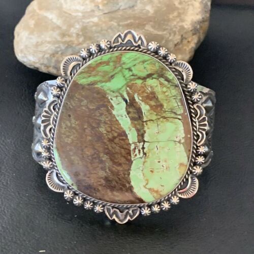 Native American Men's Navajo Bracelet | Sterling Silver Green Gaspeite | Authentic Handmade | 2046