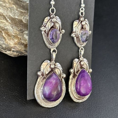 Navajo Purple Sugilite Dangle Earrings | Sterling Silver | 2" | Authentic Native American Handmade | 14461