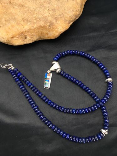 Navajo Sterling Silver Necklace Lapis Opal Pendant Set | 22" | Authentic Native American Handmade | 2907