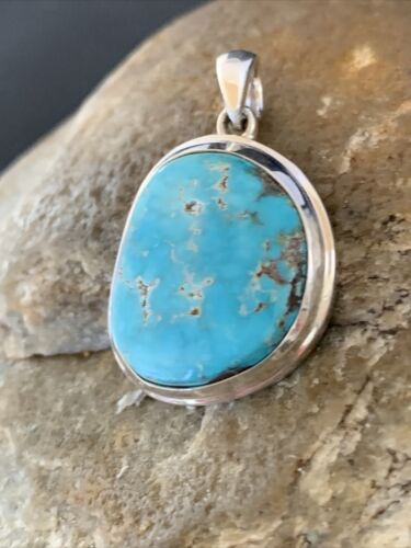 Navajo Blue Bisbee Turquoise Pendant | Sterling Silver | 1.5" | Authentic Native American Handmade | 1623