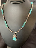 Navajo Pearls Sterling Silver Necklace with Blue Kingman Turquoise Pendant | Authentic Native American Handmade | 12496