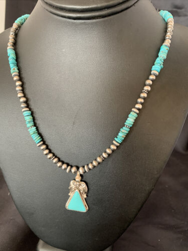 Navajo Pearls Sterling Silver Necklace with Blue Kingman Turquoise Pendant | Authentic Native American Handmade | 12496
