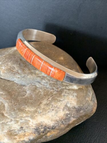 Native American Zuni Orange Spiny Oyster Inlay Cuff Bracelet | Sterling Silver | 12098