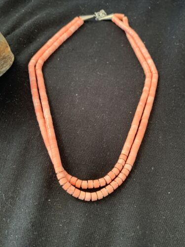 Navajo Pink Coral 2 Strand Heishi Bead Necklace | Sterling Silver Tube | 16" | Authentic Native American | 00758