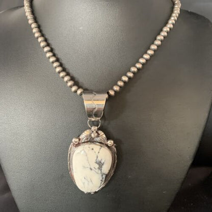 White Buffalo Turquoise Pendant Necklace | Sterling Silver | Navajo | Authentic Native American Handmade | 13992 - Masha USA