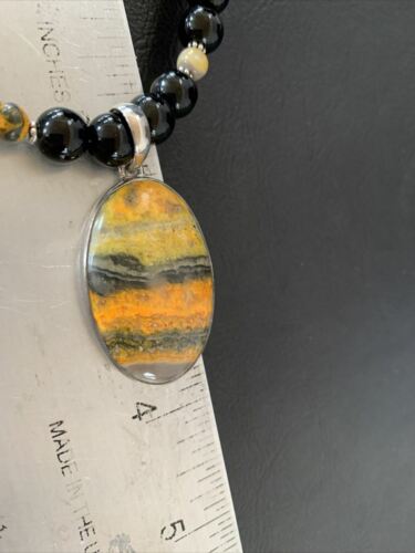 Men's Navajo Pearls Onyx Bumblebee Jasper Necklace Pendant | Sterling Silver | Native American Handmade | 10323