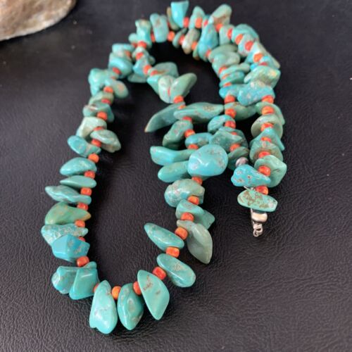 Navajo Green Turquoise & Spiny Oyster Graduated Necklace | Sterling Silver | Authentic Native American | 21" | 14009