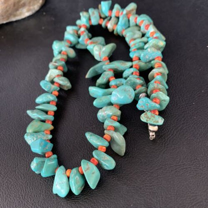 Navajo Green Turquoise & Spiny Oyster Graduated Necklace | Sterling Silver | Authentic Native American | 21" | 14009