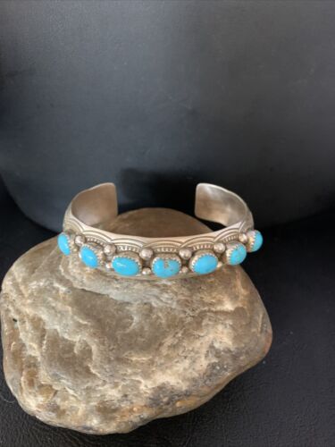 Men's Blue Kingman Turquoise Cuff Bracelet | Sterling Silver | 7 Stone | Authentic Native American Handmade | 14137