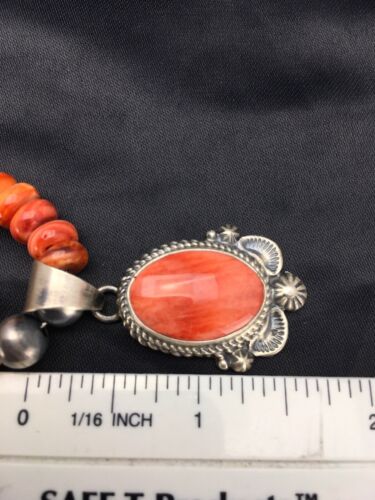Navajo Orange Spiny Oyster Pendant Necklace | Sterling Silver Beads | Authentic Native American Handmade | 2689 - Masha USA