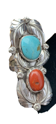 Navajo Royston Turquoise, Coral, and Multi-Stone Men's Ring | Authentic Native American Sterling Silver | Sz 8 | 1808