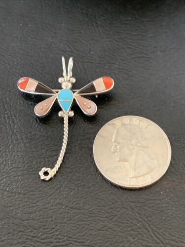 Turquoise & Mother of Pearl Inlay Dragonfly Necklace Pin Pendant | Zuni Sterling Silver | Native American Handmade | 12324