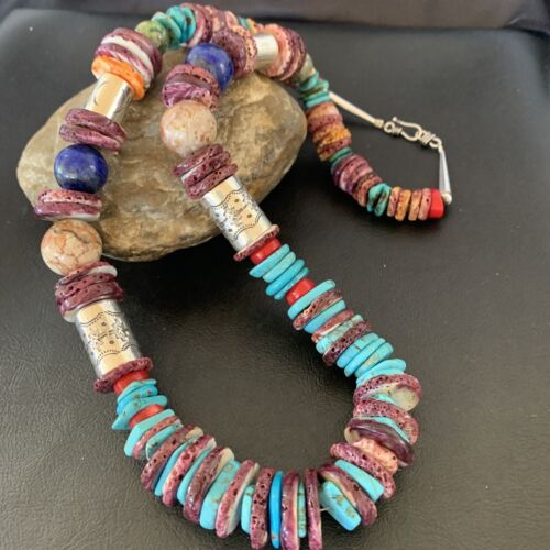 Navajo Sterling Silver Necklace | Turquoise, Spiny Oyster, Coral, Lapis | 24" | Authentic Native American | 10825