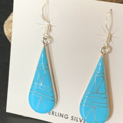 Navajo Blue Turquoise Inlay Dangle Drop Earrings | Sterling Silver | 1.5" | 13311