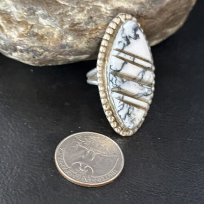 Navajo White Buffalo Turquoise Inlay Ring | Sterling Silver | Sz 8.5 | Authentic Native American Handmade | 14553
