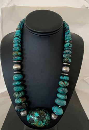 Navajo Pearl Graduated Sterling Silver Natural Blue Turquoise Necklace | Authentic Native American | 22" | 00706