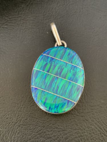 Authentic Native American Navajo Sterling Silver Blue Opal Inlay Pendant | Handmade Jewelry | 13140