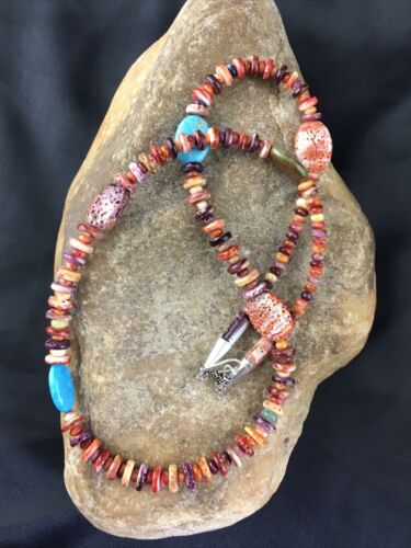 Navajo Turquoise | Purple Red Spiny Oyster Bead Necklace | Sterling Silver | 22" | 10143