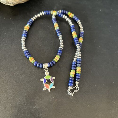 Navajo Green Turquoise and Lapis Inlay Pendant Necklace | Sterling Silver | Authentic Native American Handmade | 14616
