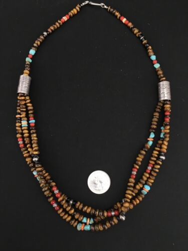Navajo Multi-Color 3 Strand Necklace | Tiger's Eye & Turquoise | Sterling Silver | 4896