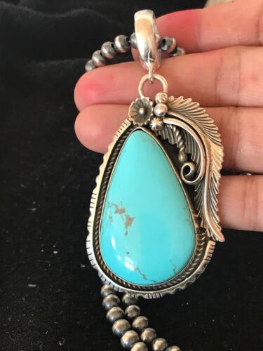 Kingman Turquoise Pendant | Navajo Pearls Sterling Silver Necklace | Authentic Native American Handmade | 8573