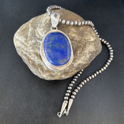 Native American Men's Navajo Pearls Necklace Pendant | Sterling Silver Lapis | 14467