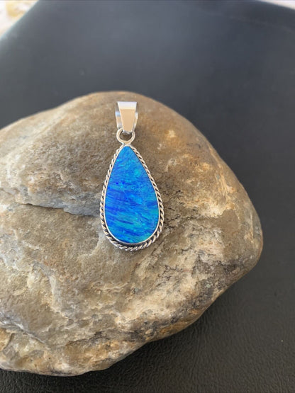 Navajo Blue Faux Opal Pendant | Sterling Silver | Authentic Native American Handmade | 1.50" | 01391