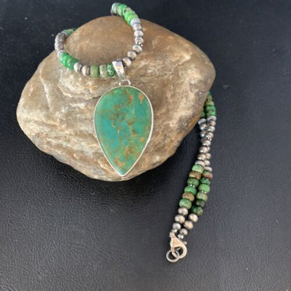 Navajo Pearl Green Turquoise Necklace Pendant | Sterling Silver | Authentic Native American Handmade | 13469