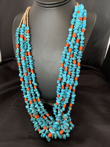 Native American Santo Domingo Spiny Blue Turquoise Shell Jacla Necklace | 5 Strand | 36" | 13194