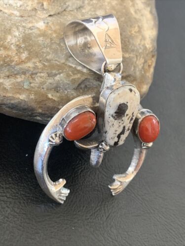 Navajo White Buffalo Turquoise Coral Naja Pendant | Sterling Silver | Authentic Native American Handmade | 11573