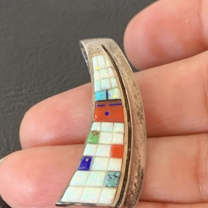 Navajo White Opal Coral Corn Inlay Pendant | Sterling Silver | Authentic Native American Handmade | 1172