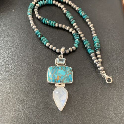 Navajo Pearls Sterling Silver Blue Mojave Turquoise Necklace Pendant | Multi-Stone | 11820