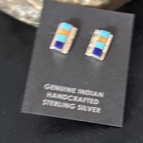 Navajo Multi-Color Turquoise Spiny Lapis Inlay Earrings | Sterling Silver | Authentic Native American Handmade | 14652