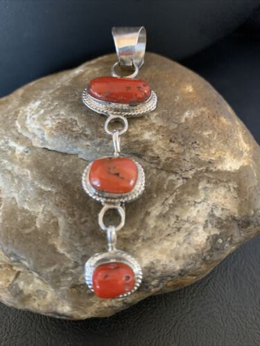 Navajo Red Coral Multi-Stone Necklace Pendant | Authentic Native American Sterling Silver | Multi-Stone | 13245