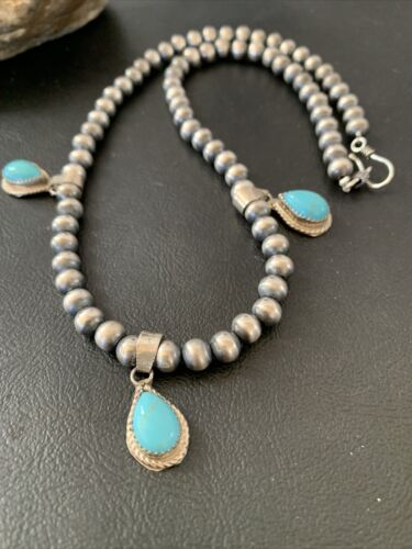 Navajo Handmade Sterling Silver Turquoise Necklace | 3 Teardrop Pendants | Authentic Native American | 1952