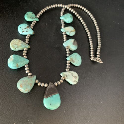 Navajo Pearls Blue Turquoise Teardrop Necklace | Sterling Silver | 20" | Authentic Native American Handmade | 13429
