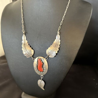 Navajo Red Coral Pendant Necklace | Sterling Silver | Authentic Native American Handmade | 18" | 14481