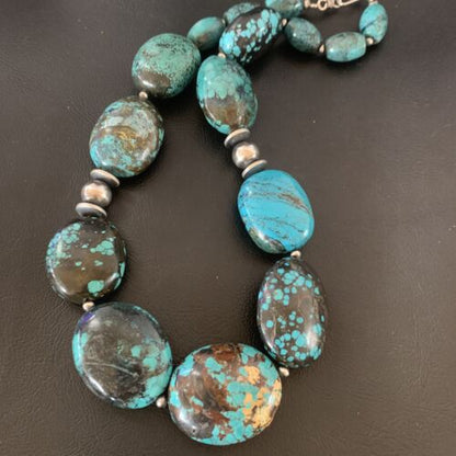 Chunky Navajo Pearl Graduated Turquoise Necklace | Sterling Silver | Authentic Native American Jewelry | 21" | 11903 - Masha USA