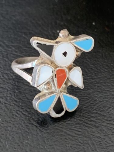 Zuni Peyote Bird Ring | Sterling Silver Coral Turquoise Onyx Mother of Pearl Inlay | Sz 5.5 | 10790