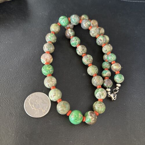 Navajo Green Turquoise Red Coral Necklace | Sterling Silver | 20" | Authentic Native American Handmade | 14736