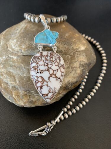 Navajo Pearl Wild Horse Kingman Turquoise Necklace Pendant | Authentic Native American Sterling Silver | Multi-Stone | 11811