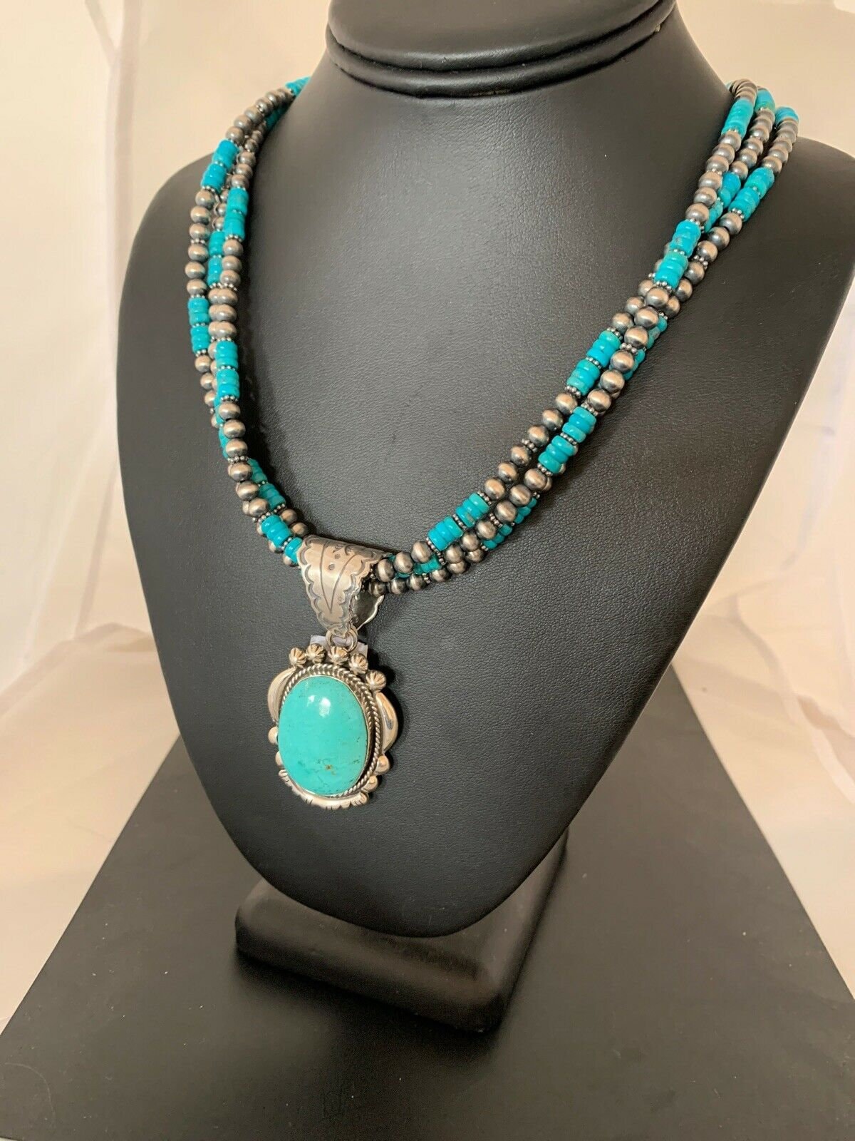 Navajo Kingman Turquoise Pendant Necklace | Sterling Silver | 3-Strand | Authentic Native American Handmade | 3204