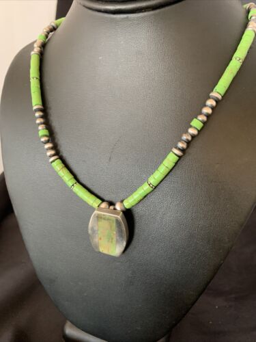 Navajo Green Gaspeite Turquoise Pendant | Sterling Silver | Authentic Native American Handmade | 12345