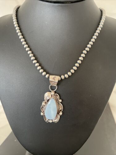 Native American Men's Necklace | Navajo Sterling Silver Beads with Blue Larimar Pendant | 01364