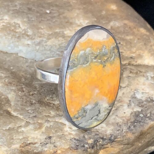 Navajo Yellow Bumble Bee Jasper Ring | Sterling Silver | Sz 8 Adjustable | Authentic Native American Handmade | 14020