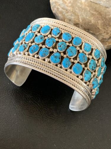 Sterling Silver Blue Kingman Turquoise Cuff Bracelet | 3 Row Stone | Authentic Native American Handmade | 12167